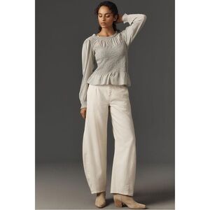 By Anthropologie Smocked Peplum Long-Sleeve Blouse in Light Gray